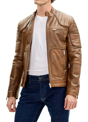 Men's Brown Moto Leather Jacket with Piping Details
