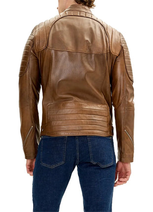 Men's Brown Moto Leather Jacket with Piping Details