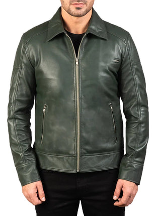 Mens' Green Shirt Collar Real Leather Biker Jacket