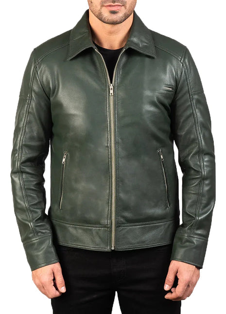 Mens' Green Shirt Collar Real Leather Biker Jacket