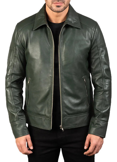 Mens' Green Shirt Collar Real Leather Biker Jacket
