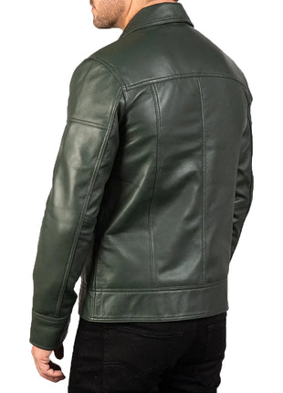 Mens' Green Shirt Collar Real Leather Biker Jacket
