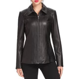 Women's Black Shirt Collar Zip Up Leather Jacket