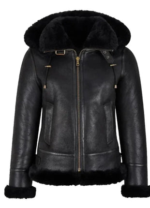 Womens Hooded Shearling Black Bomber Aviator Jacket
