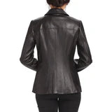 Women's Black Shirt Collar Zip Up Leather Jacket