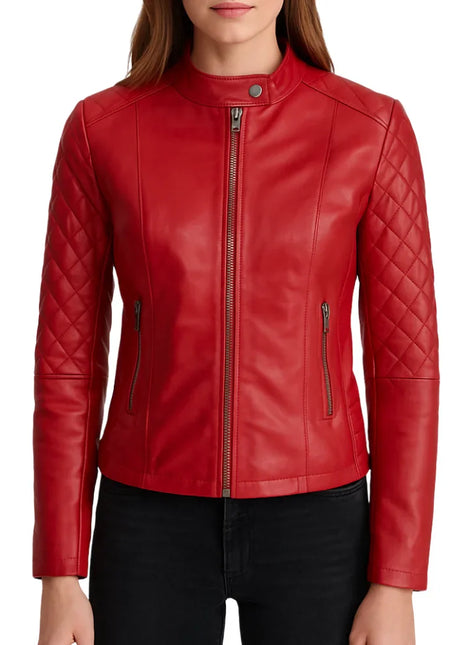 Women's Quilted Real Leather Red Cafe Racer Jacket