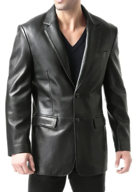 Men's Black Two Button Real Leather Blazer Jacket