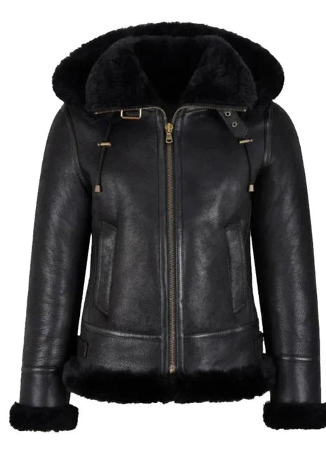 Womens Hooded Shearling Black Bomber Aviator Jacket