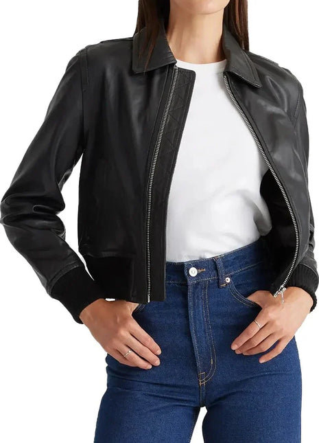 Cropped Black Leather Ladies Bomber Jacket
