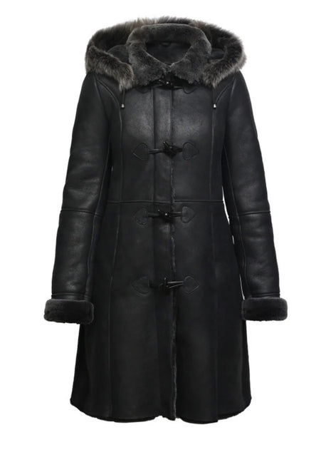 Women's Black Sheepskin Duffle Coat With Detachable Hood