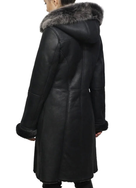 Women's Black Sheepskin Duffle Coat With Detachable Hood