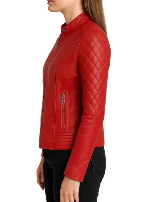 Women's Quilted Real Leather Red Cafe Racer Jacket