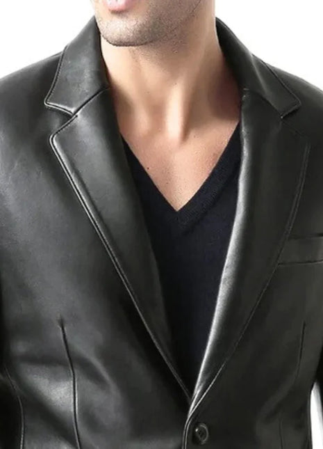 Men's Black Two Button Real Leather Blazer Jacket