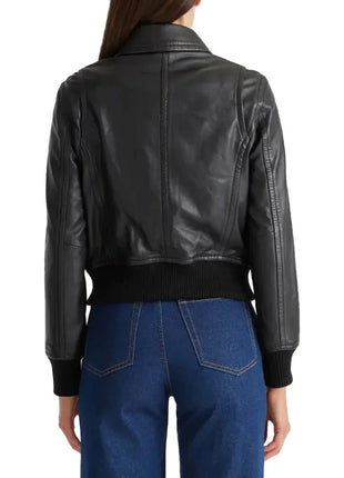 Cropped Black Leather Ladies Bomber Jacket