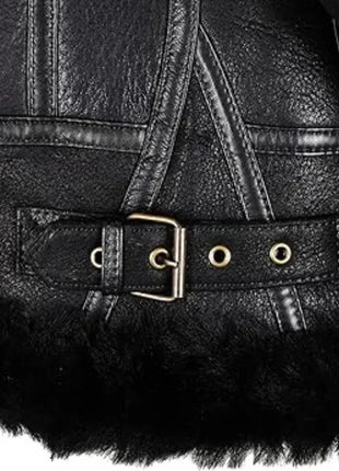 Womens Hooded Shearling Black Bomber Aviator Jacket