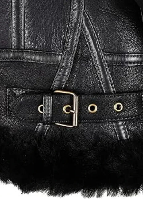 Womens Hooded Shearling Black Bomber Aviator Jacket