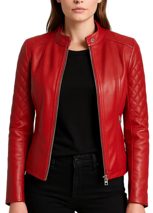 Women's Quilted Real Leather Red Cafe Racer Jacket
