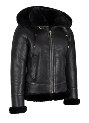 Womens Hooded Shearling Black Bomber Aviator Jacket