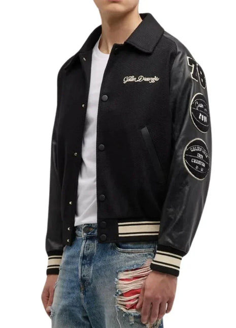 Mens Black Wool College Bomber Jacket with Leather Sleeves