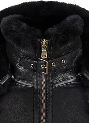 Womens Hooded Shearling Black Bomber Aviator Jacket