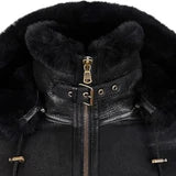 Womens Hooded Shearling Black Bomber Aviator Jacket