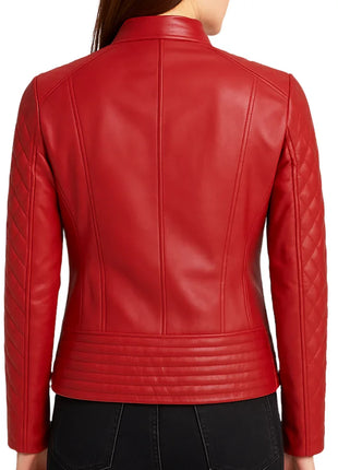 Women's Quilted Real Leather Red Cafe Racer Jacket