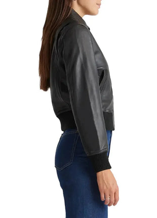 Cropped Black Leather Ladies Bomber Jacket