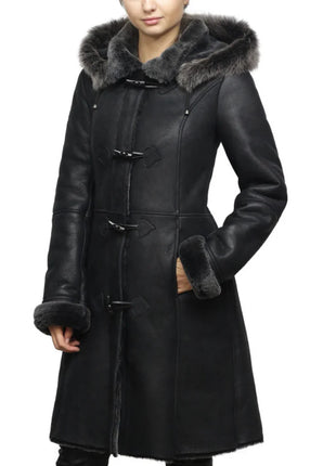 Women's Black Sheepskin Duffle Coat With Detachable Hood