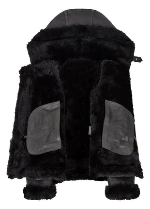 Womens Hooded Shearling Black Bomber Aviator Jacket