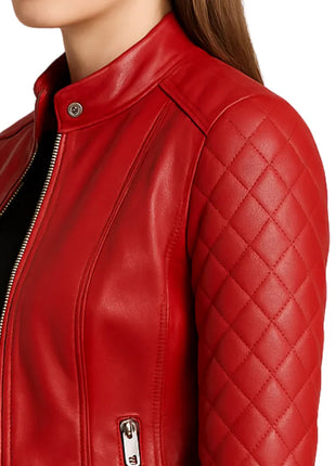 Women's Quilted Real Leather Red Cafe Racer Jacket