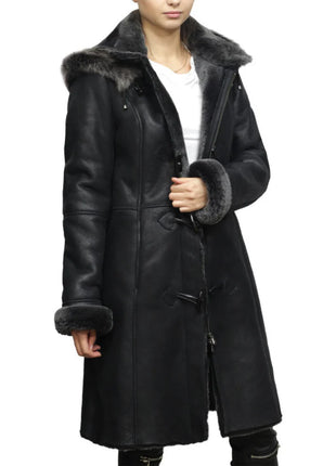 Women's Black Sheepskin Duffle Coat With Detachable Hood