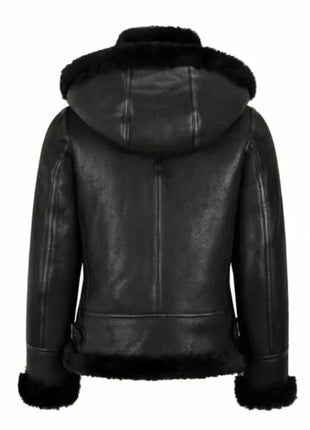 Womens Hooded Shearling Black Bomber Aviator Jacket