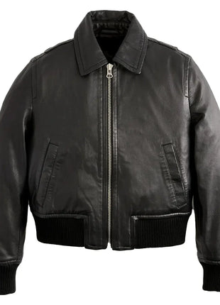 Cropped Black Leather Ladies Bomber Jacket