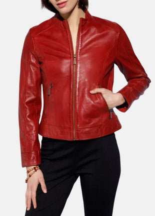 Red Leather Biker Jacket Womens