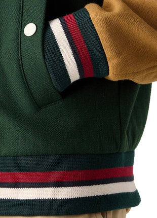 Aaron Wool Mens Dark Green Varsity Jacket with Cognac Sleeves