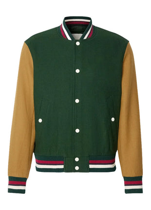 Aaron Wool Mens Dark Green Varsity Jacket with Cognac Sleeves