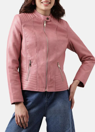 Pink Cafe Racer Quilted Leather Jacket Womens