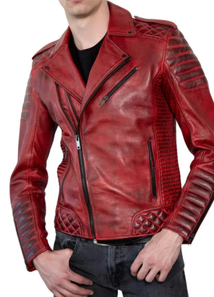 Red Real Leather Biker Jacket Men's with Quilted Details
