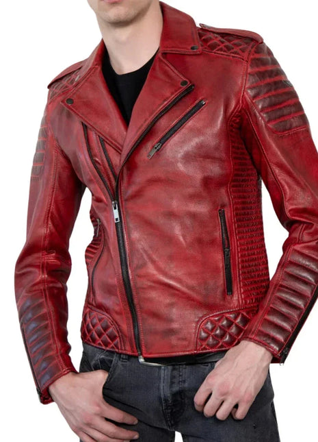 Red Real Leather Biker Jacket Men's with Quilted Details