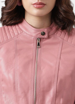 Pink Cafe Racer Quilted Leather Jacket Womens