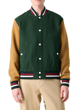 Aaron Wool Mens Dark Green Varsity Jacket with Cognac Sleeves