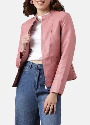 Pink Cafe Racer Quilted Leather Jacket Womens