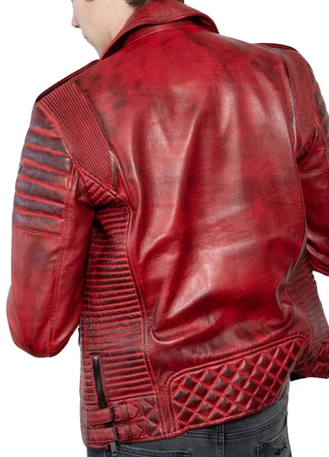 Red Real Leather Biker Jacket Men's with Quilted Details