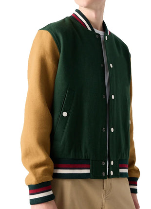 Aaron Wool Mens Dark Green Varsity Jacket with Cognac Sleeves