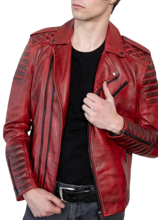 Red Real Leather Biker Jacket Men's with Quilted Details