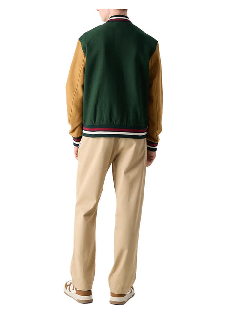 Aaron Wool Mens Dark Green Varsity Jacket with Cognac Sleeves
