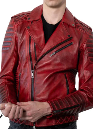 Red Real Leather Biker Jacket Men's with Quilted Details