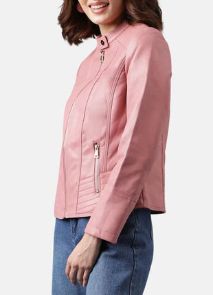 Pink Cafe Racer Quilted Leather Jacket Womens