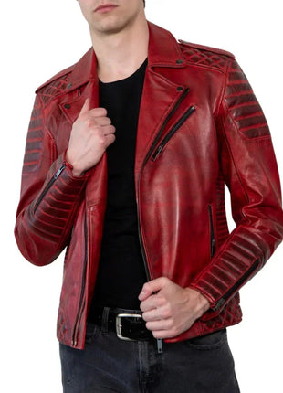 Red Real Leather Biker Jacket Men's with Quilted Details