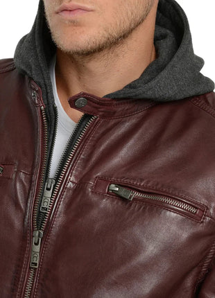Men's Maroon Bomber Hooded Leather Jacket